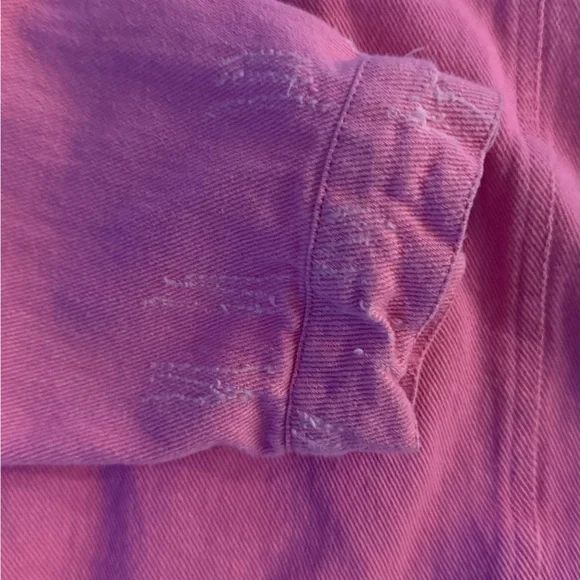 Womens Pink Denim Jacket Distressed Cropped Button Front Size L - Picture 7 of 9
